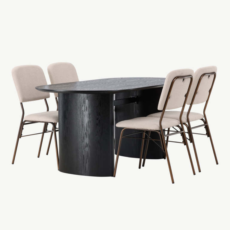 Ovaalne must söögilaud Isolde ja beežid terasraamiga toolid Seda (laud 180x90 cm, 4 tooli) - GR23617
