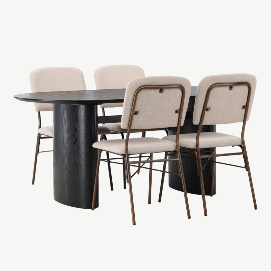 Ovaalne must söögilaud Isolde ja beežid terasraamiga toolid Seda (laud 180×90 cm, 4 tooli), GR23617 – 4