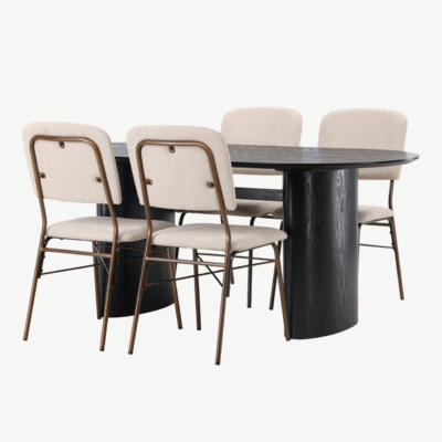 Ovaalne must söögilaud Isolde ja beežid terasraamiga toolid Seda (laud 180x90 cm, 4 tooli) - GR23617