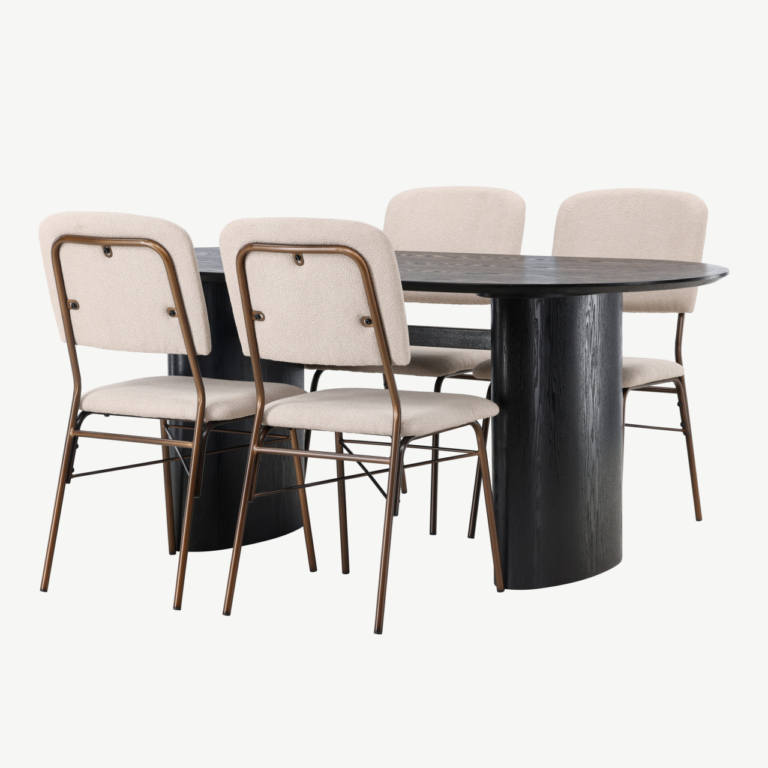 Ovaalne must söögilaud Isolde ja beežid terasraamiga toolid Seda (laud 180x90 cm, 4 tooli) - GR23617