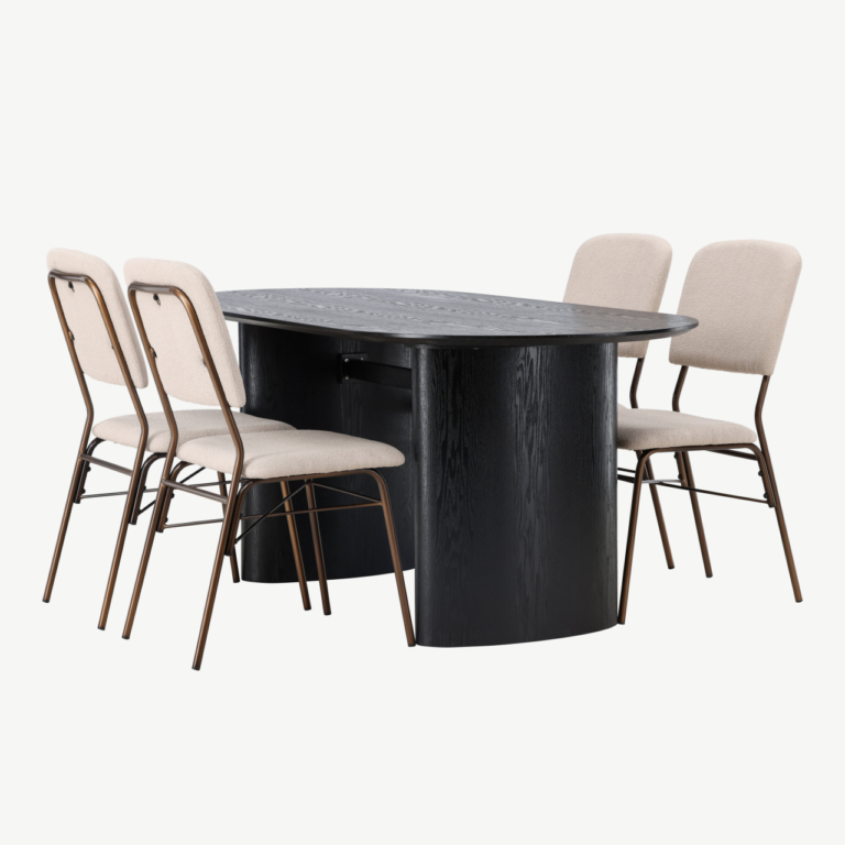 Ovaalne must söögilaud Isolde ja beežid terasraamiga toolid Seda (laud 180x90 cm, 4 tooli) - GR23617