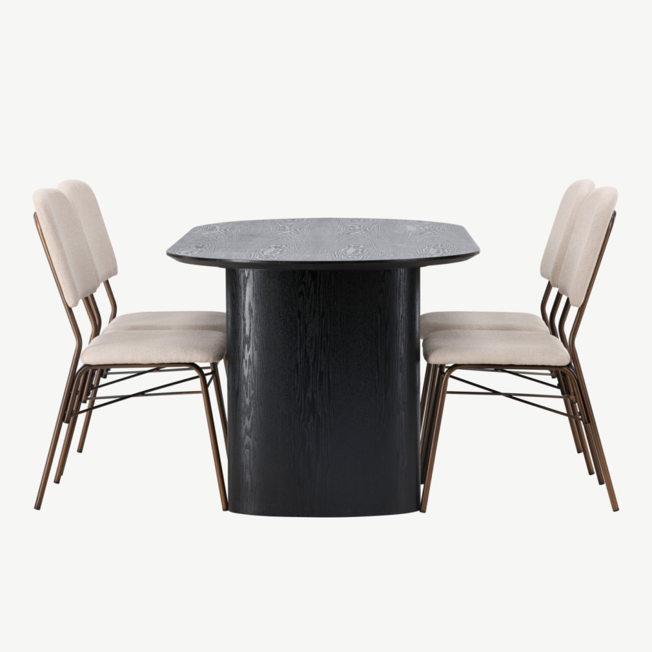 Ovaalne must söögilaud Isolde ja beežid terasraamiga toolid Seda (laud 180×90 cm, 4 tooli), GR23617 – 7