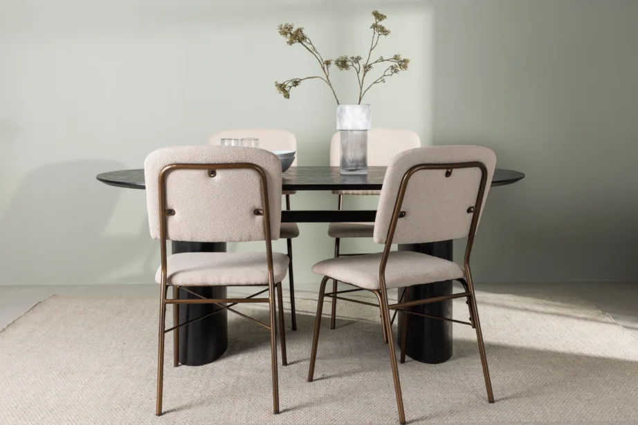 Ovaalne must söögilaud Isolde ja beežid terasraamiga toolid Seda (laud 180×90 cm, 4 tooli), GR23617 – 8