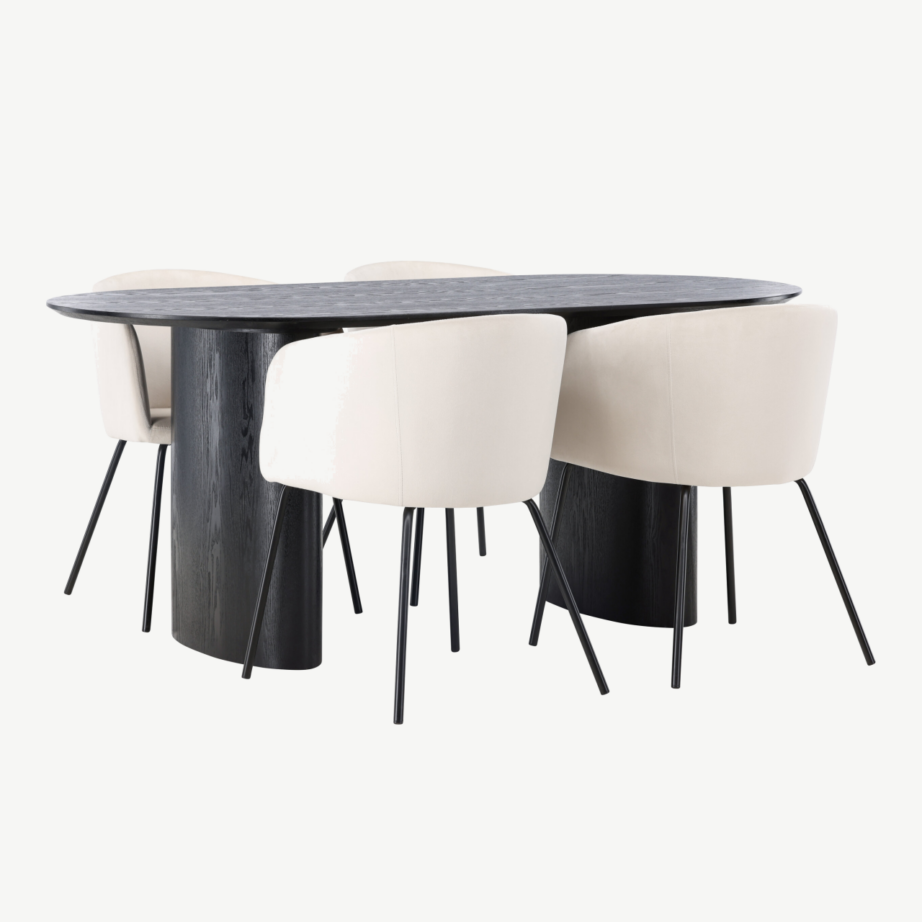 Ovaalne must söögilaud Isolde ja beežid velvetkattega Berit toolid (4 tk), GR23632 – 4