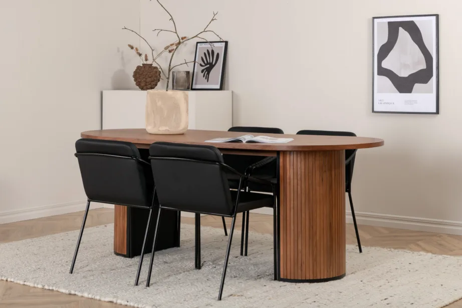 Ovaalne pähklivineeriga söögilaud Bianca ja must PU kattega toolid, GR22444 – 6