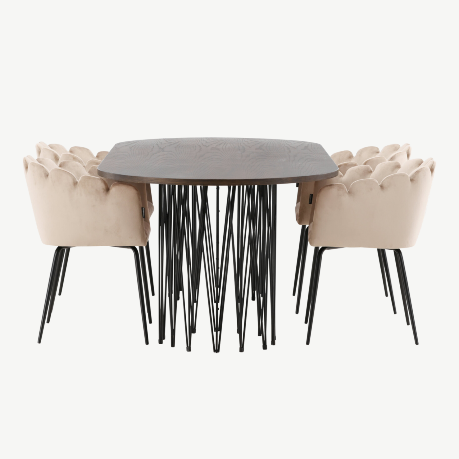Ovaalne söögigrupp Stone, mokkavineer ja must teras, 4 beeži sametist tooliga Limhamn, GR23041 – 2
