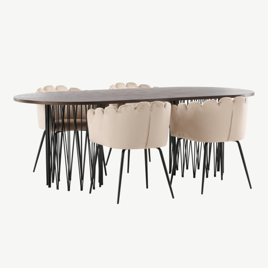 Ovaalne söögigrupp Stone, mokkavineer ja must teras, 4 beeži sametist tooliga Limhamn, GR23041 – 4