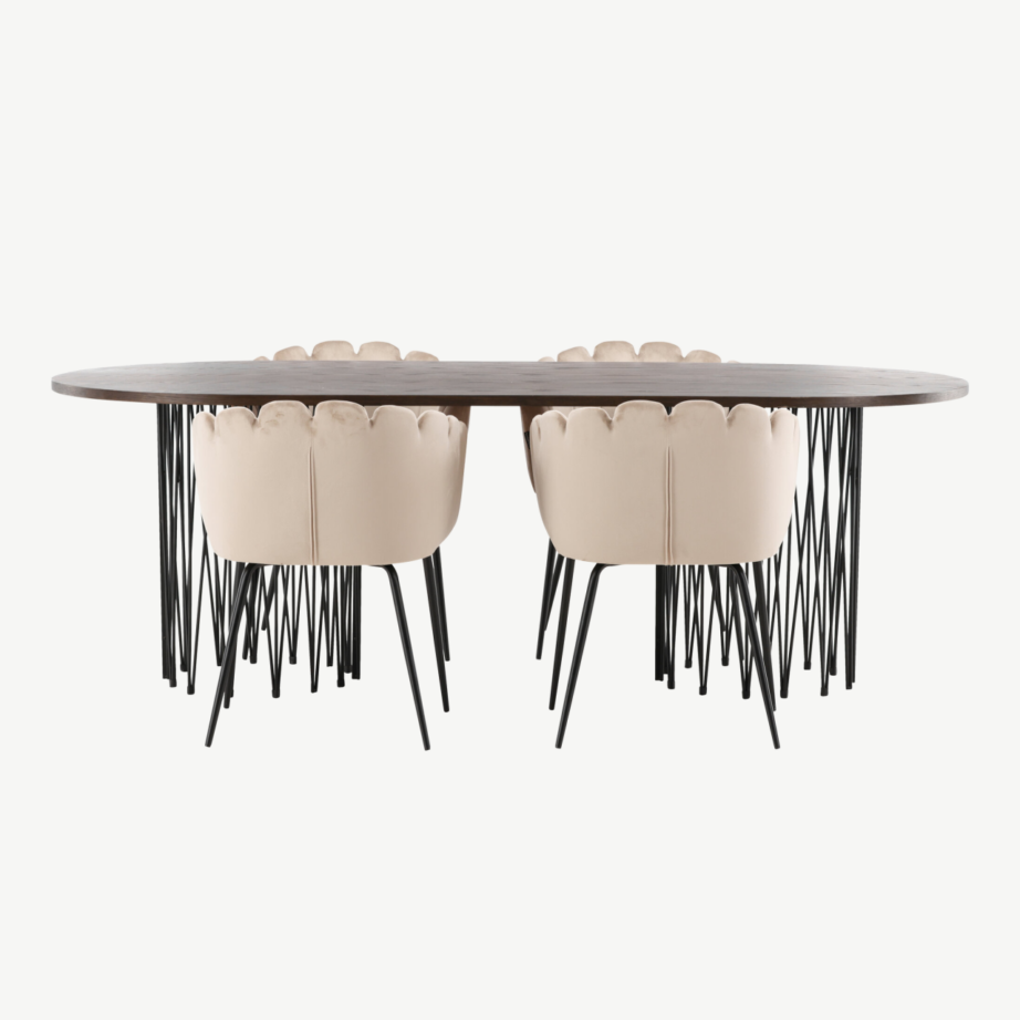 Ovaalne söögigrupp Stone, mokkavineer ja must teras, 4 beeži sametist tooliga Limhamn, GR23041 – 5