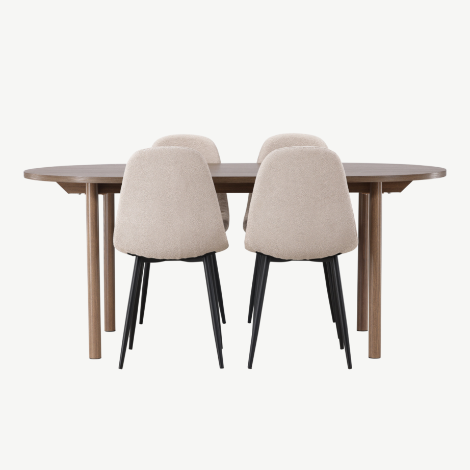 Ovaalne söögikomplekt Andy laud ja Polar toolid (naturaalne MDF, beež buklee, 4 tooli), GR23675 – 2
