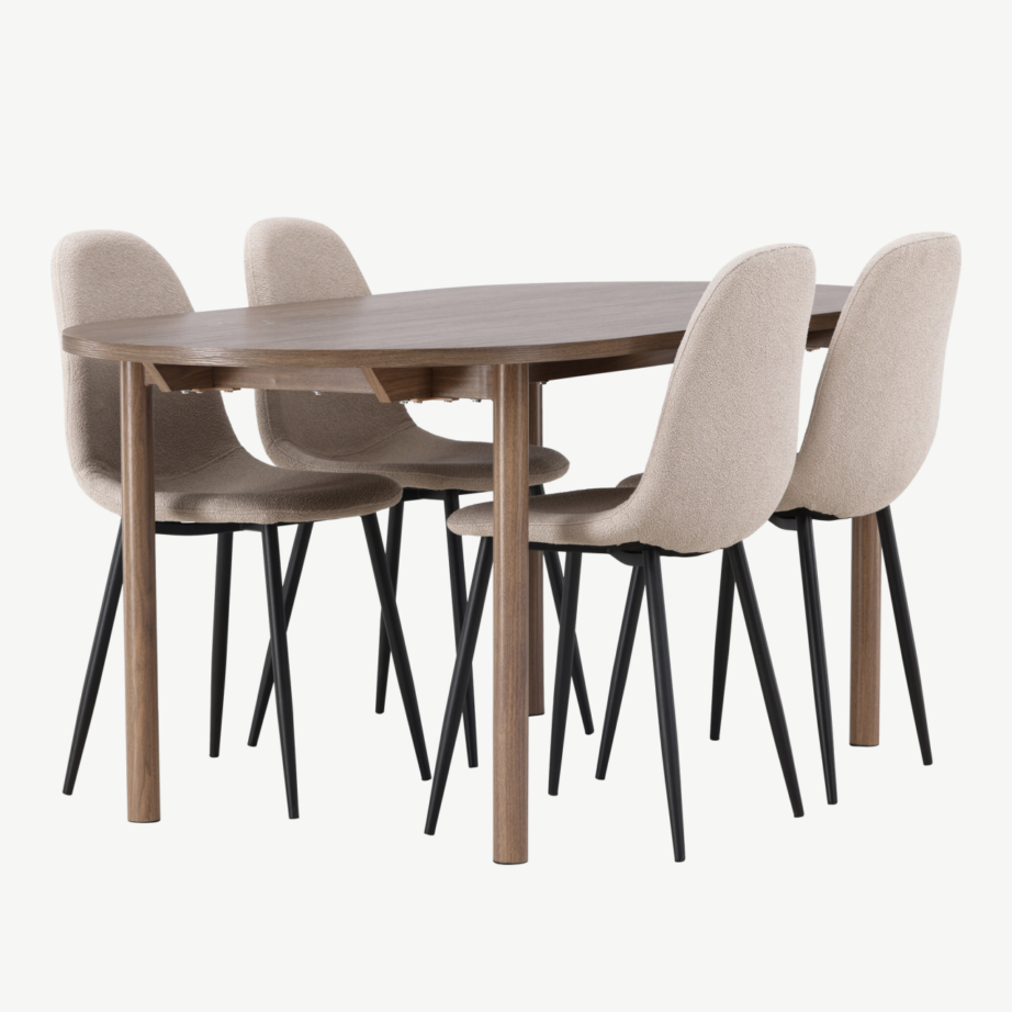 Ovaalne söögikomplekt Andy laud ja Polar toolid (naturaalne MDF, beež buklee, 4 tooli), GR23675