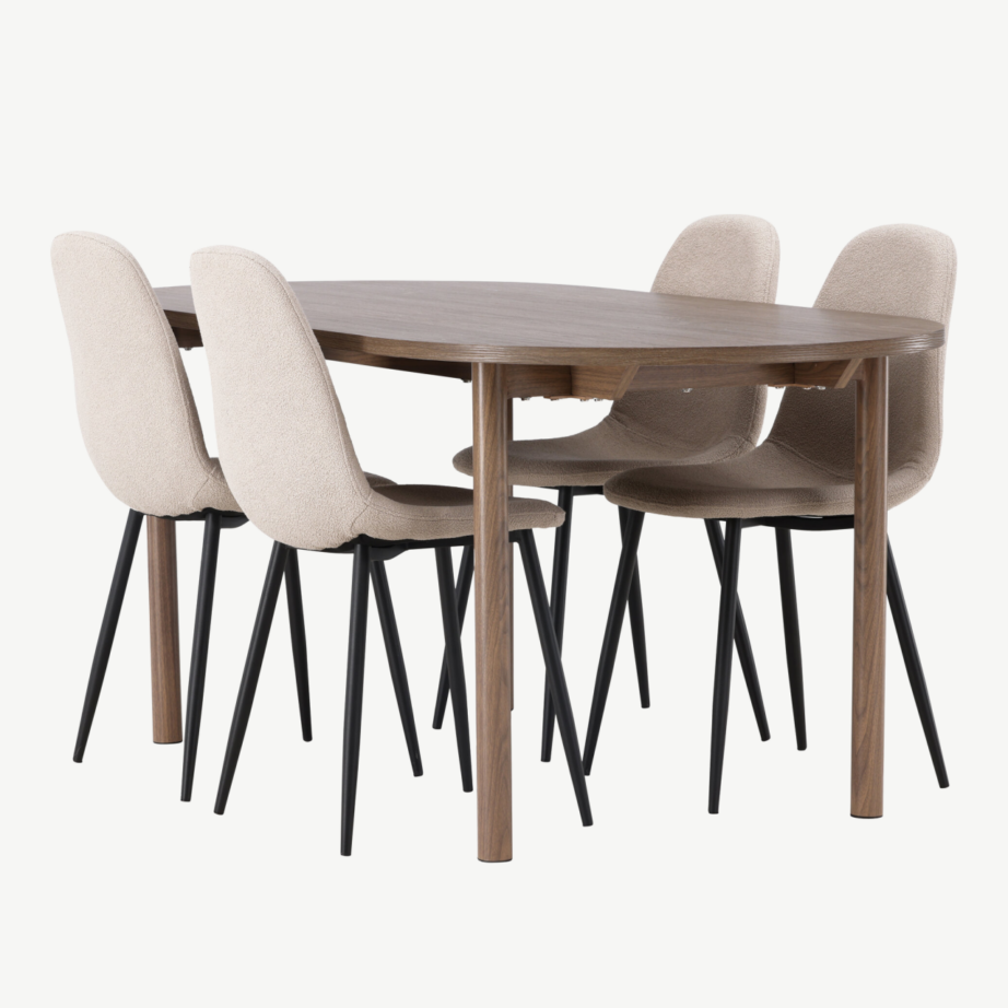 Ovaalne söögikomplekt Andy laud ja Polar toolid (naturaalne MDF, beež buklee, 4 tooli), GR23675 – 4