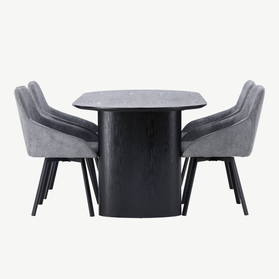 Ovaalne söögikomplekt Rosie – must laud ja hallid polsterdatud toolid, GR23615 – 2