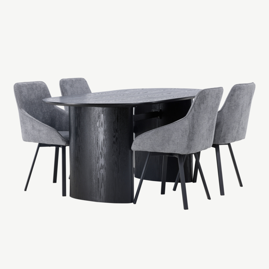 Ovaalne söögikomplekt Rosie – must laud ja hallid polsterdatud toolid, GR23615 – 3