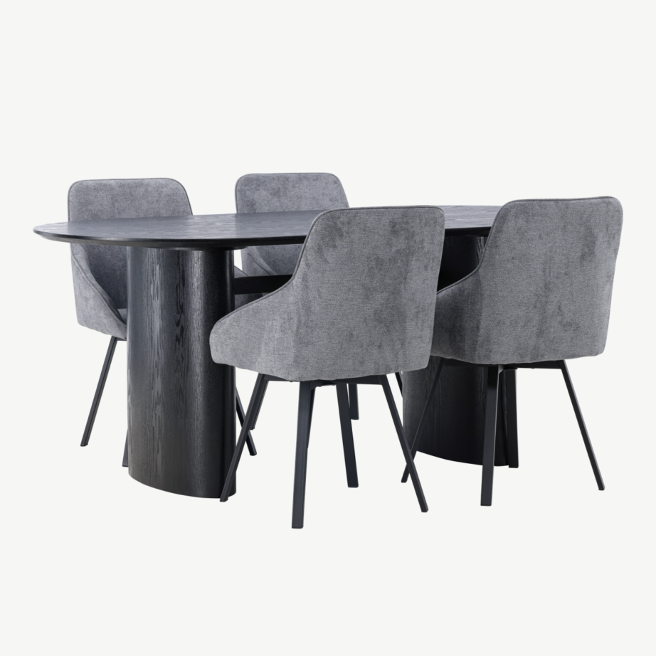 Ovaalne söögikomplekt Rosie – must laud ja hallid polsterdatud toolid, GR23615 – 4