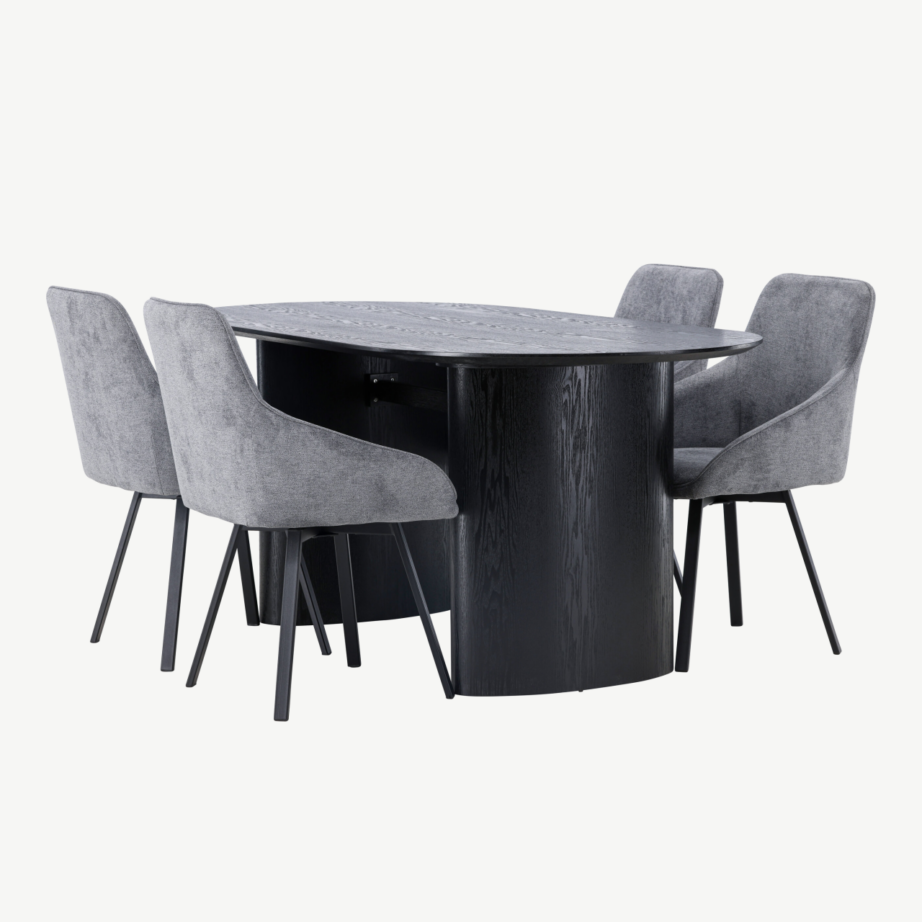 Ovaalne söögikomplekt Rosie – must laud ja hallid polsterdatud toolid, GR23615 – 6
