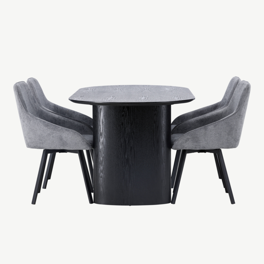 Ovaalne söögikomplekt Rosie – must laud ja hallid polsterdatud toolid, GR23615 – 7