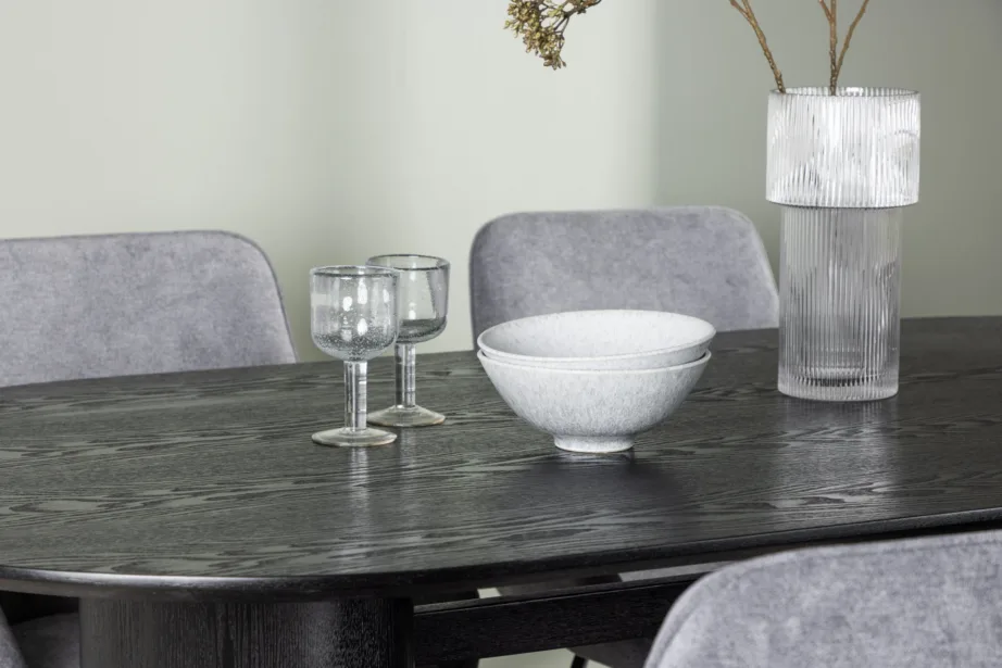 Ovaalne söögikomplekt Rosie – must laud ja hallid polsterdatud toolid, GR23615 – 10