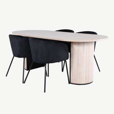 Ovaalne söögilaua ja toolide komplekt Bianca (valge peitsiga laud, mustad velvetist toolid) - GR22434