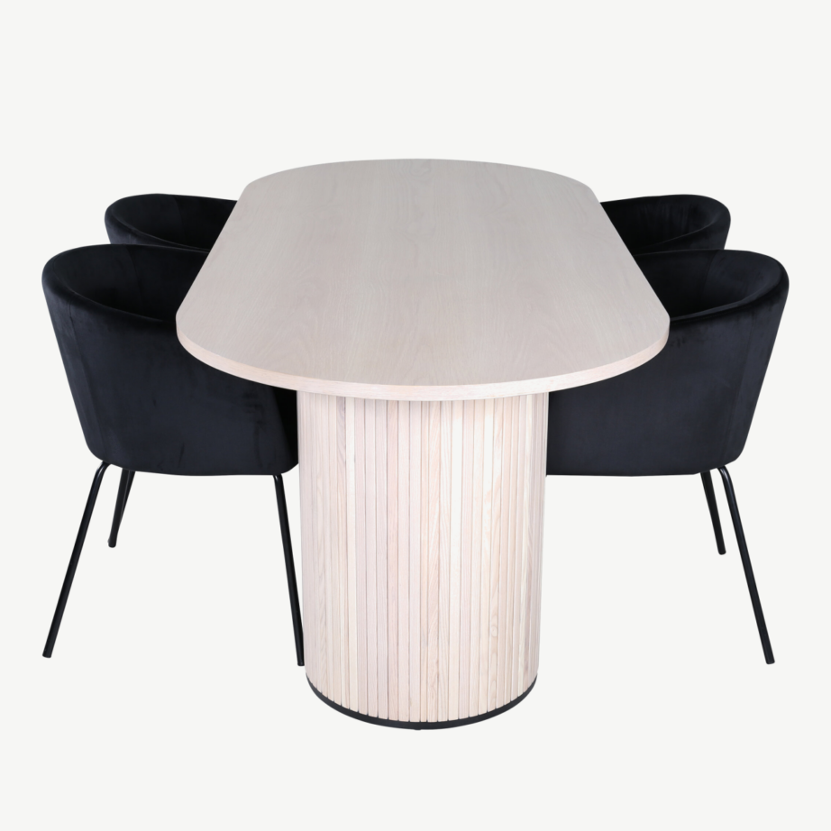 Ovaalne söögilaua ja toolide komplekt Bianca (valge peitsiga laud, mustad velvetist toolid), GR22434 – 2