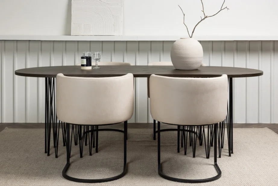 Ovaalne söögilaua komplekt Stone mokka viimistlusega ja Simrishamn beežide toolidega, GR23046 – 8