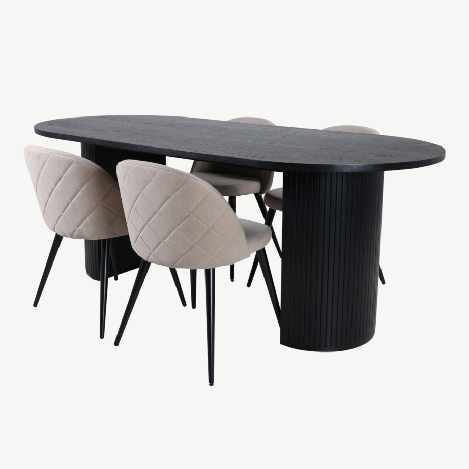 Ovaalne söögilauakomplekt Bianca – must laud ja beežid velvetist toolid, GR22459 – 2