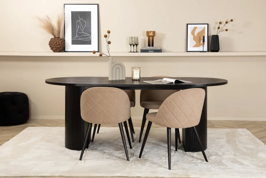 Ovaalne söögilauakomplekt Bianca – must laud ja beežid velvetist toolid, GR22459 – 5