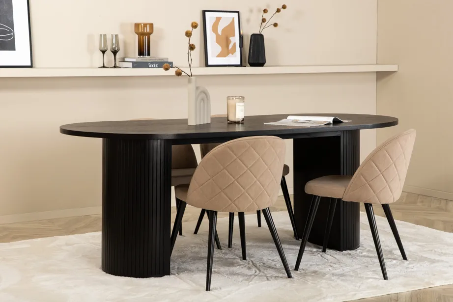 Ovaalne söögilauakomplekt Bianca – must laud ja beežid velvetist toolid, GR22459 – 6