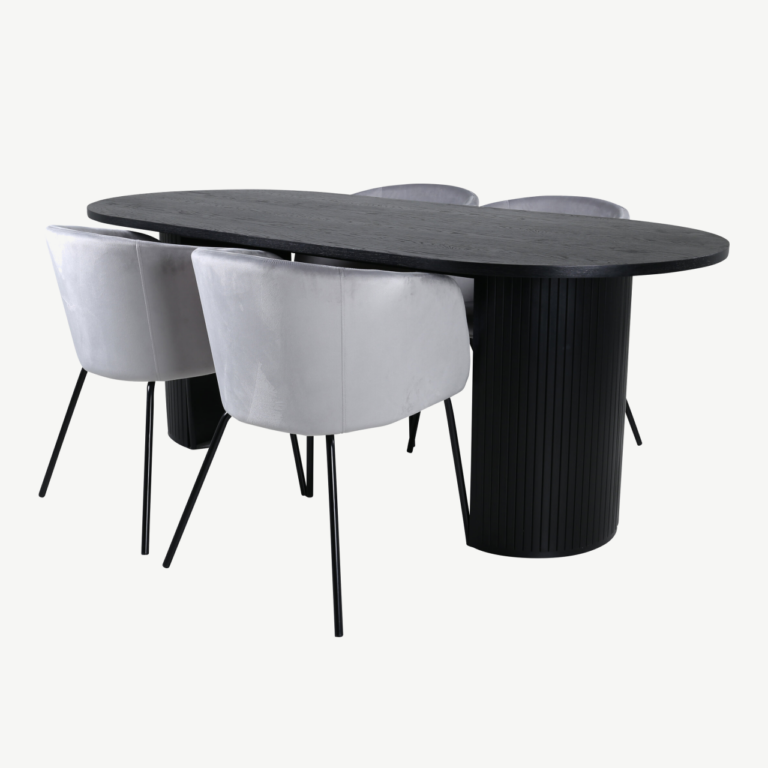 Ovaalne söögilauakomplekt Bianca (must MDF, 4 halli sametist tooli) - GR22461