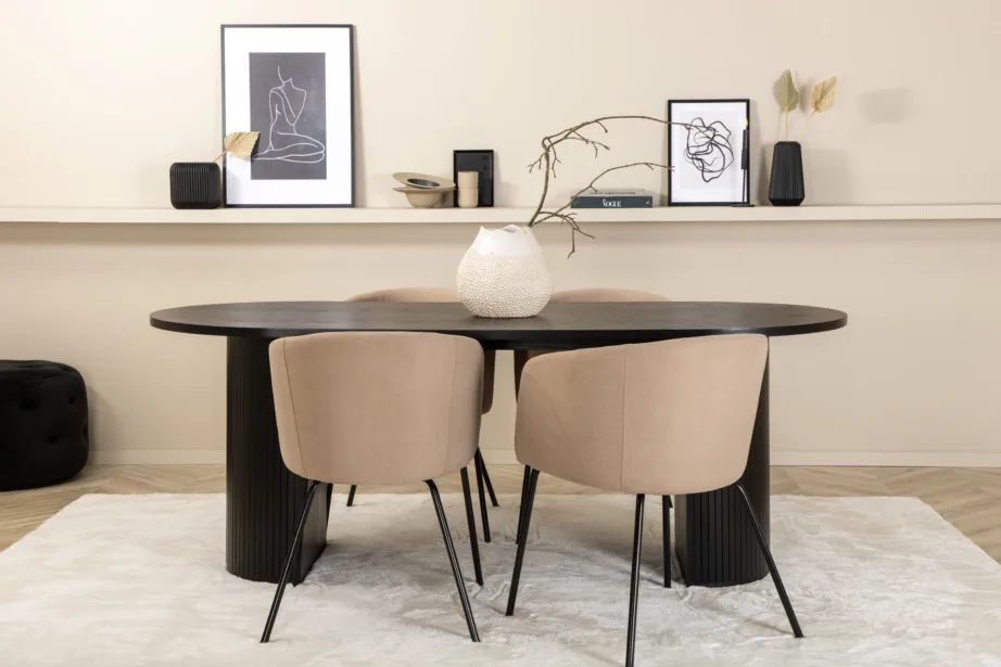 Ovaalne söögilauakomplekt Bianca (must laud, 4 beeži kangast tooli), GR22196 – 5