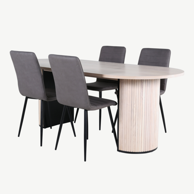 Ovaalne söögilauakomplekt Bianca (valge peitsiga laud, 4 halli tooli) - GR22440