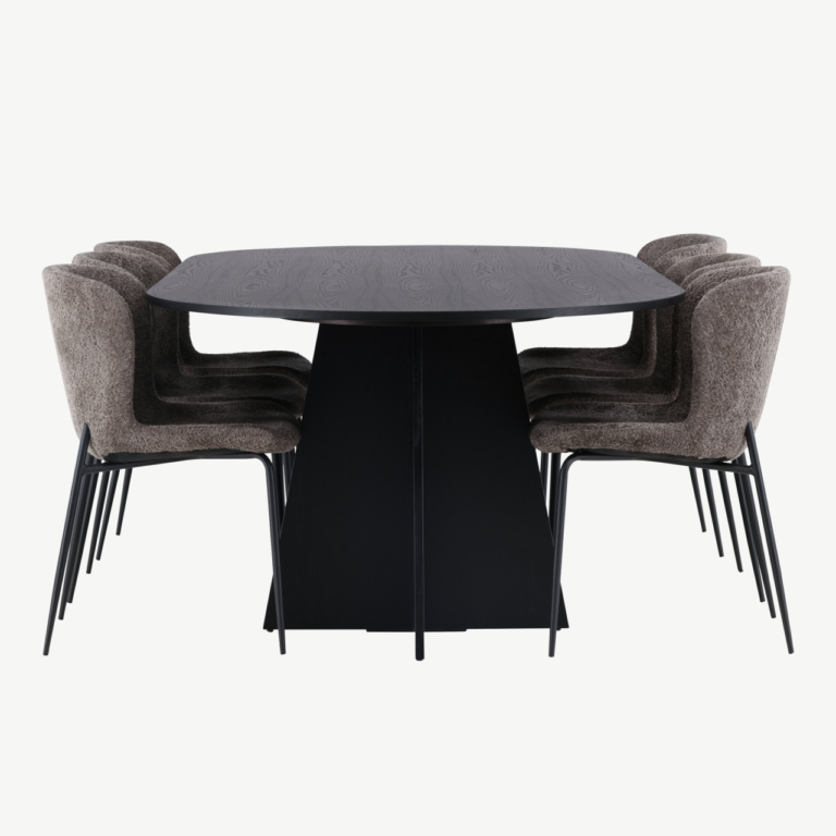 Ovaalne söögilauakomplekt Bootcut, must MDF spoon, 6 Modesto bukleekangast tooli - GR23278
