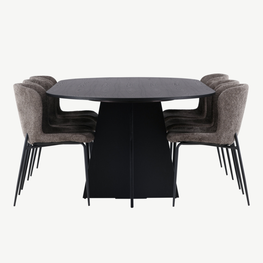 Ovaalne söögilauakomplekt Bootcut, must MDF spoon, 6 Modesto bukleekangast tooli, GR23278 – 2