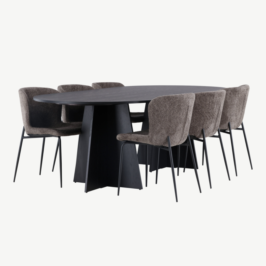 Ovaalne söögilauakomplekt Bootcut, must MDF spoon, 6 Modesto bukleekangast tooli, GR23278 – 3