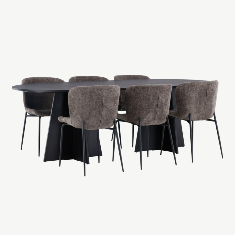 Ovaalne söögilauakomplekt Bootcut, must MDF spoon, 6 Modesto bukleekangast tooli - GR23278