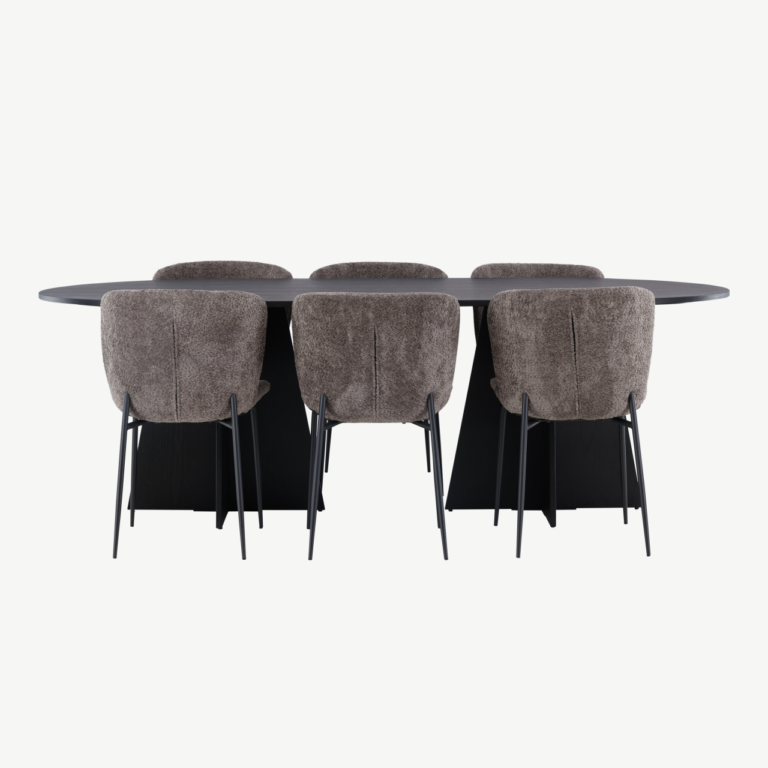 Ovaalne söögilauakomplekt Bootcut, must MDF spoon, 6 Modesto bukleekangast tooli - GR23278