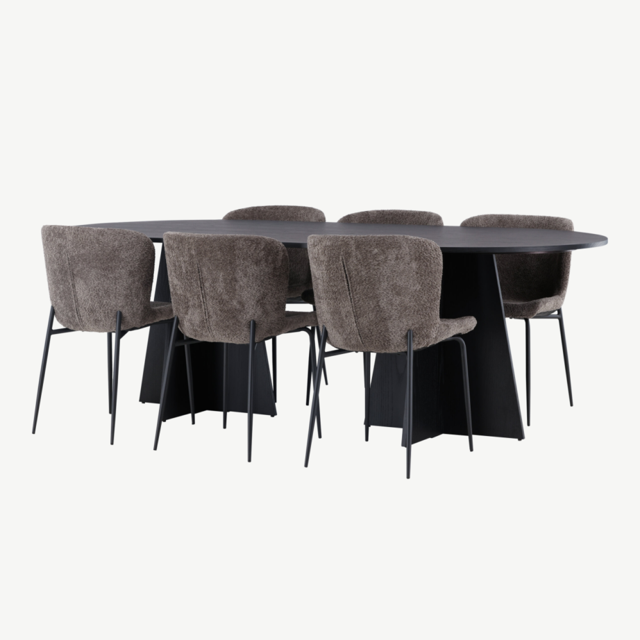 Ovaalne söögilauakomplekt Bootcut, must MDF spoon, 6 Modesto bukleekangast tooli, GR23278