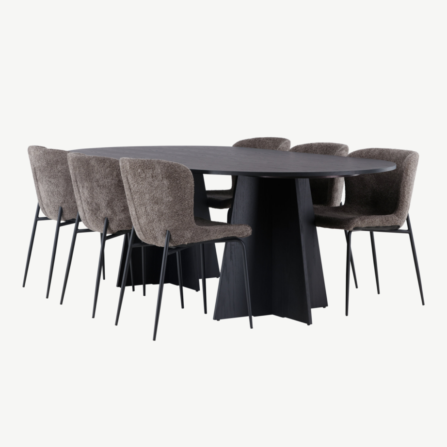 Ovaalne söögilauakomplekt Bootcut, must MDF spoon, 6 Modesto bukleekangast tooli, GR23278 – 6