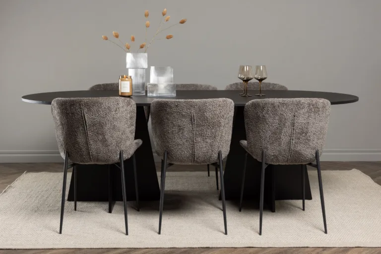 Ovaalne söögilauakomplekt Bootcut, must MDF spoon, 6 Modesto bukleekangast tooli - GR23278