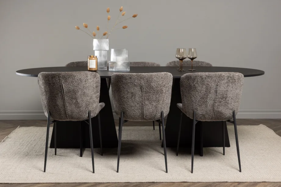 Ovaalne söögilauakomplekt Bootcut, must MDF spoon, 6 Modesto bukleekangast tooli, GR23278 – 9