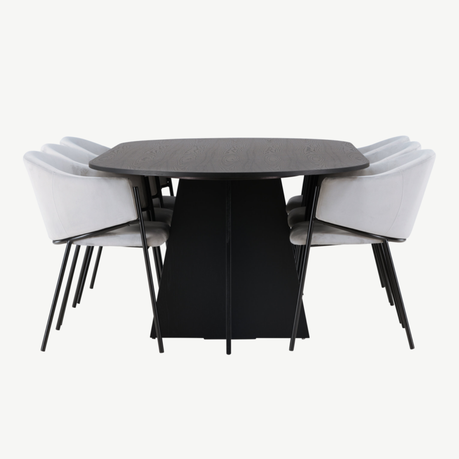 Ovaalne söögilauakomplekt Bootcut, must spoon, Evelina sametist söögitoolidega, GR23777 – 27