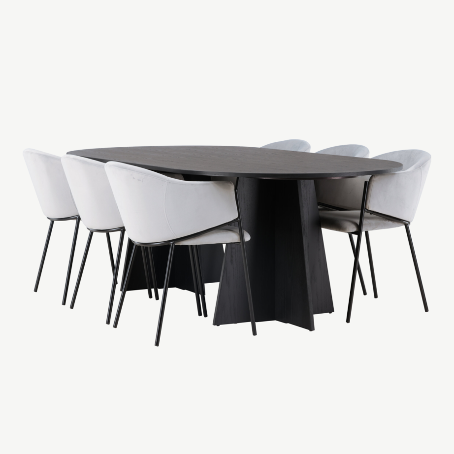 Ovaalne söögilauakomplekt Bootcut, must spoon, Evelina sametist söögitoolidega, GR23777 – 28