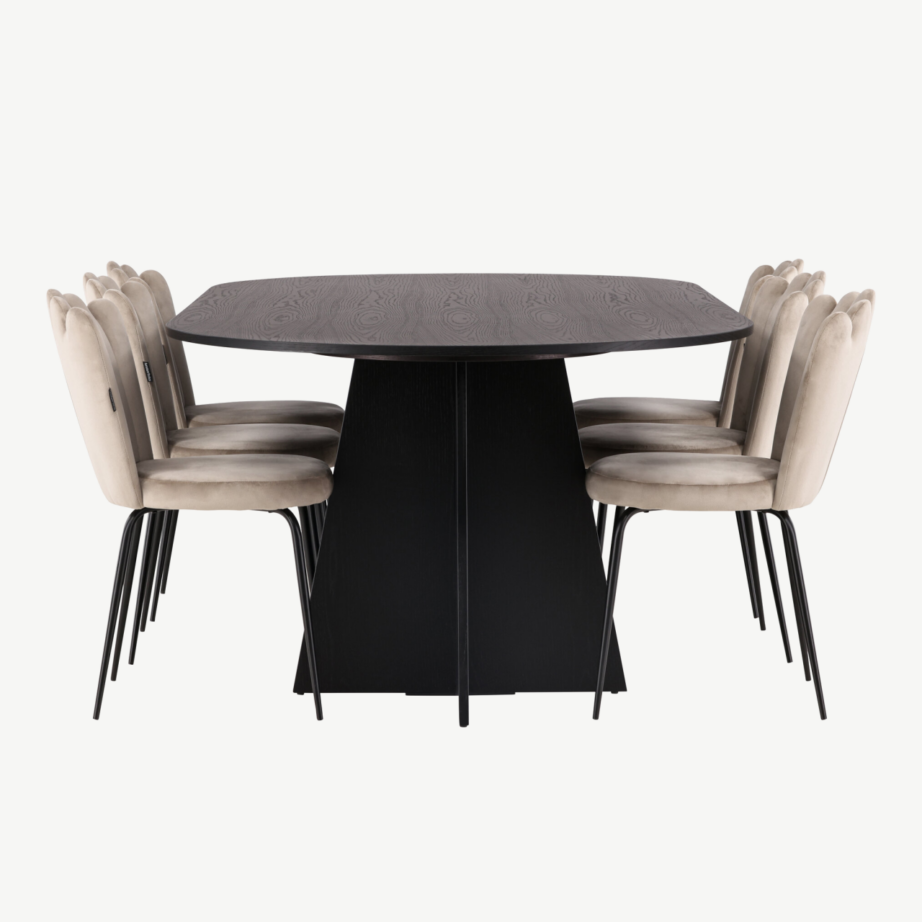 Ovaalne söögilauakomplekt Bootcut musta MDF lauaga ja beežide samettoolidega Limhamn, GR23277 – 2