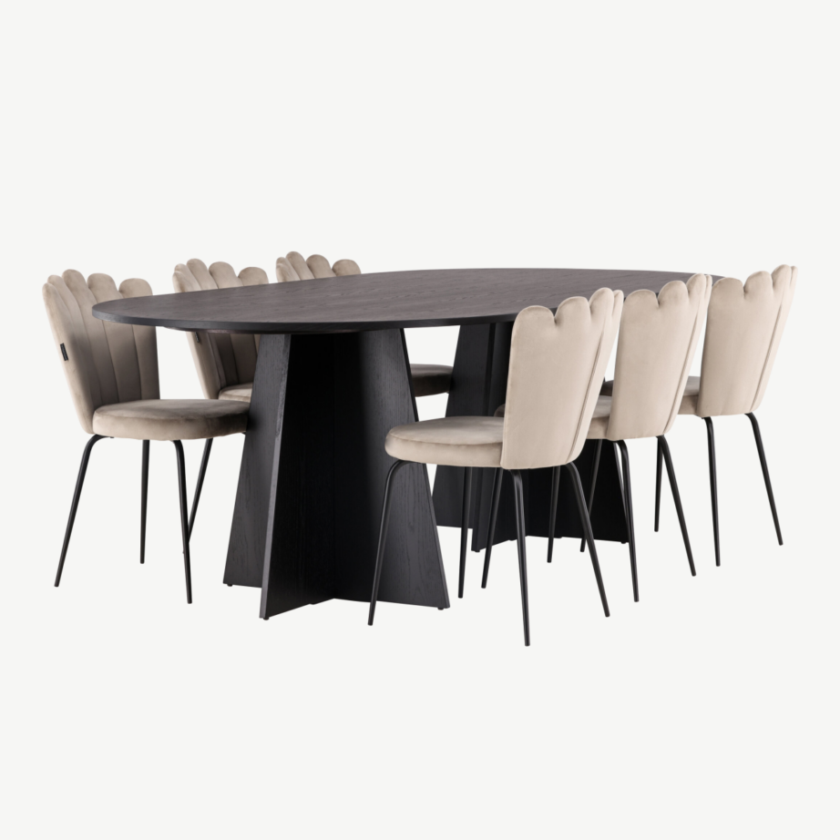 Ovaalne söögilauakomplekt Bootcut musta MDF lauaga ja beežide samettoolidega Limhamn, GR23277 – 3