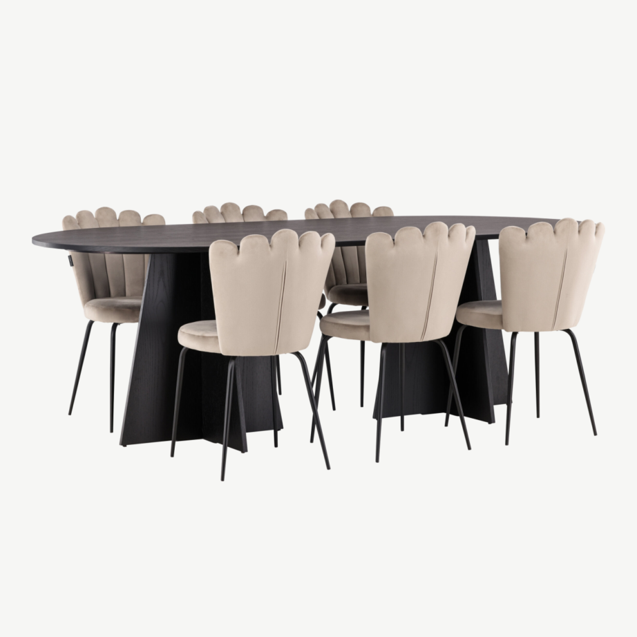 Ovaalne söögilauakomplekt Bootcut musta MDF lauaga ja beežide samettoolidega Limhamn, GR23277 – 4