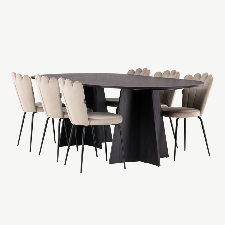 Ovaalne söögilauakomplekt Bootcut musta MDF lauaga ja beežide samettoolidega Limhamn, GR23277 – 6