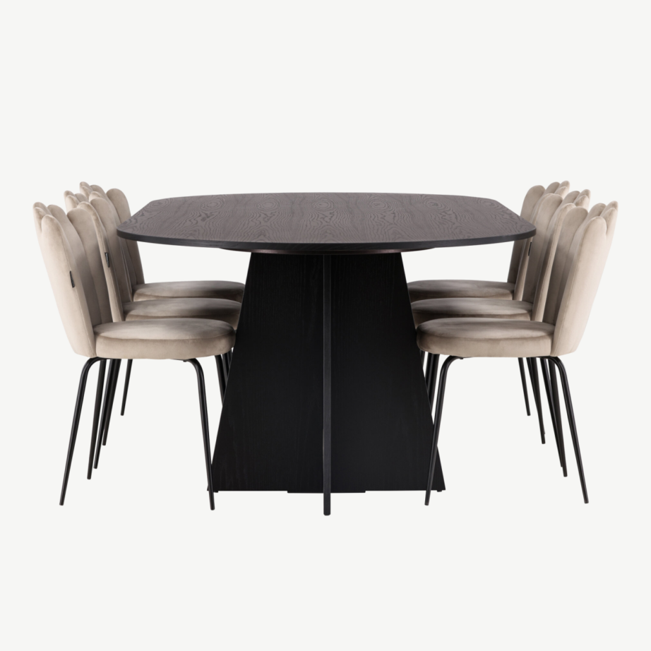 Ovaalne söögilauakomplekt Bootcut musta MDF lauaga ja beežide samettoolidega Limhamn, GR23277 – 7