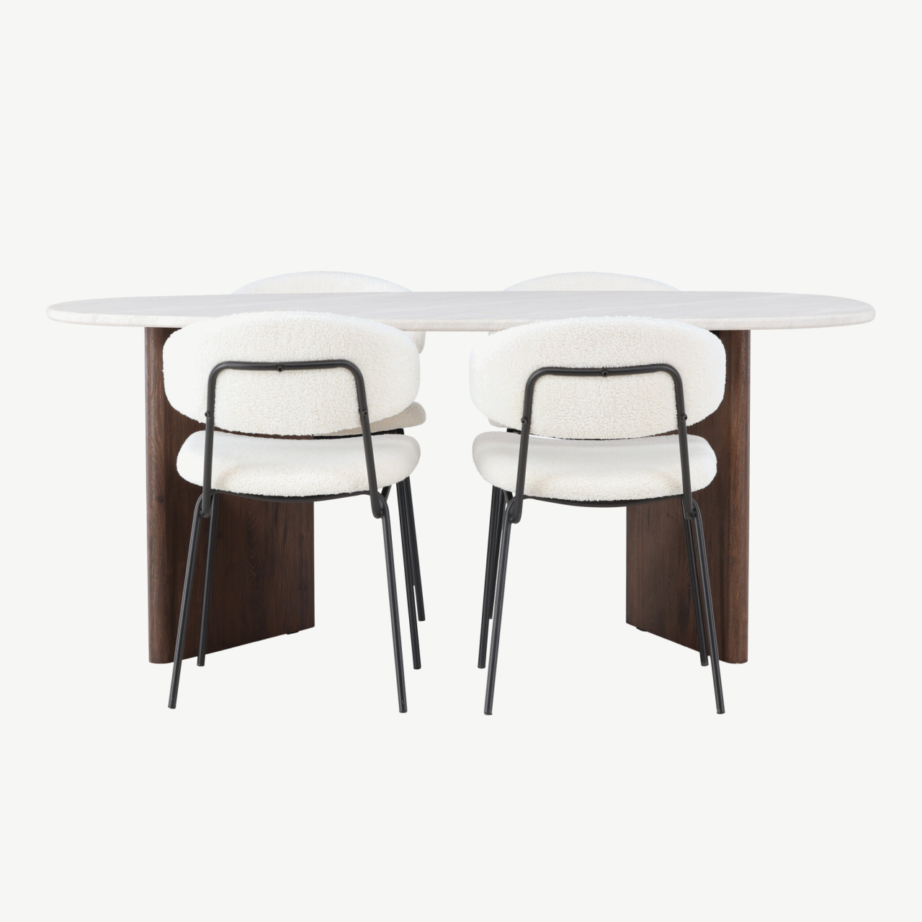 Ovaalne söögilauakomplekt Grönvik lauaga ja valge buklee kangaga Chico toolidega (MDF, mokk, 180x75cm), GR23495 – 2