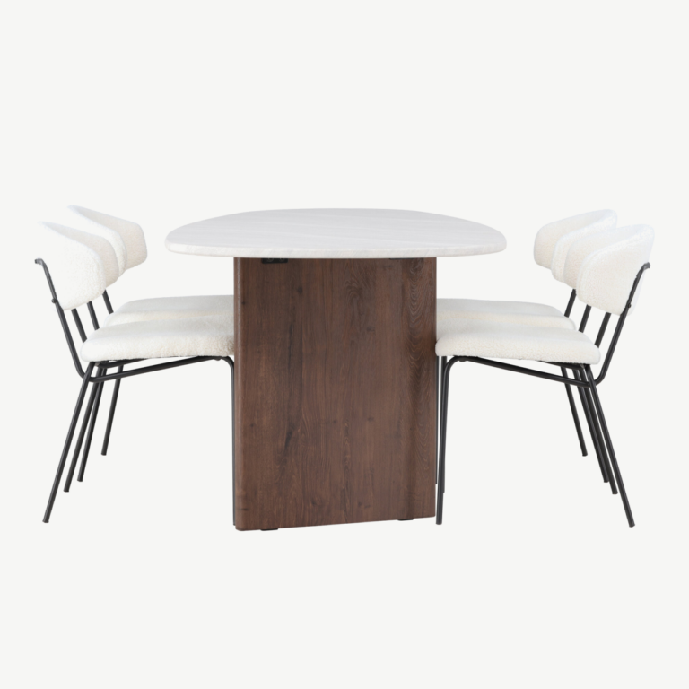 Ovaalne söögilauakomplekt Grönvik lauaga ja valge buklee kangaga Chico toolidega (MDF, mokk, 180x75cm) - GR23495