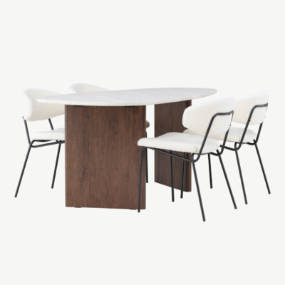 Ovaalne söögilauakomplekt Grönvik lauaga ja valge buklee kangaga Chico toolidega (MDF, mokk, 180x75cm) - GR23495