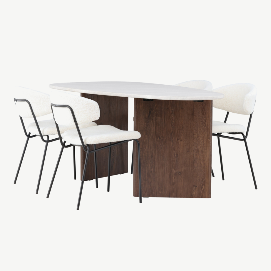 Ovaalne söögilauakomplekt Grönvik lauaga ja valge buklee kangaga Chico toolidega (MDF, mokk, 180x75cm), GR23495 – 4